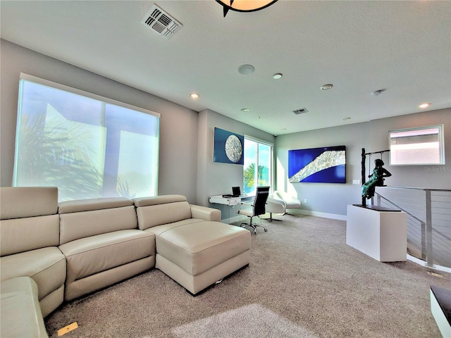 living room with plenty of natural light and carpet