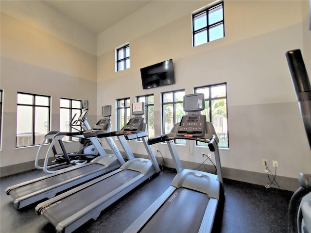 exercise room with a healthy amount of sunlight and a high ceiling