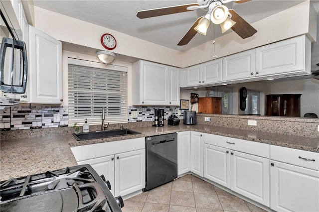 kitchen with white cabinets, range with gas stovetop, sink, and black dishwasher