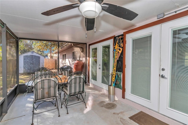 sunroom with french doors and ceiling fan