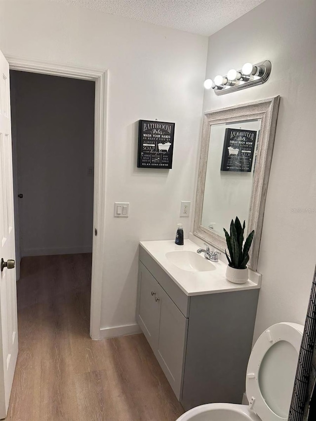 bathroom featuring vanity, wood-type flooring, and a textured ceiling