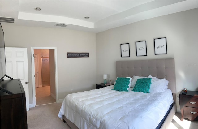 bedroom featuring a raised ceiling and light colored carpet