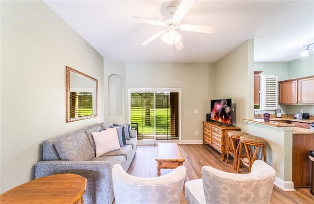 living room featuring ceiling fan, plenty of natural light, and light hardwood / wood-style floors