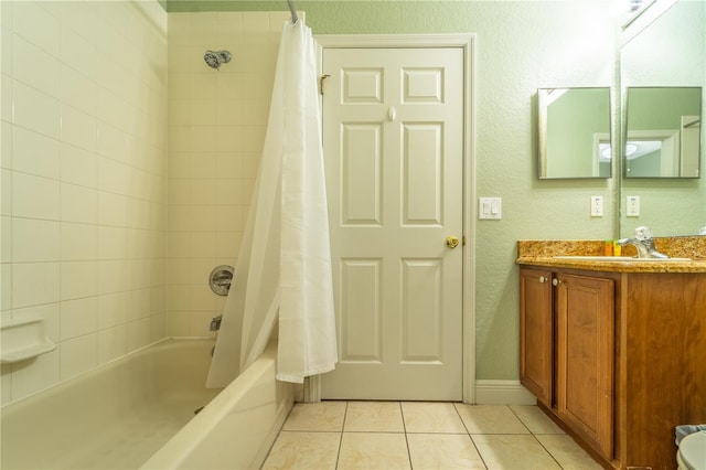 bathroom featuring vanity, shower / bath combination with curtain, and tile patterned floors