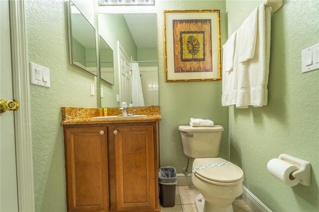 bathroom featuring a shower with curtain, vanity, toilet, and tile patterned flooring