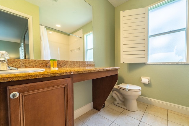 bathroom featuring a shower with curtain, vanity, toilet, and tile patterned flooring