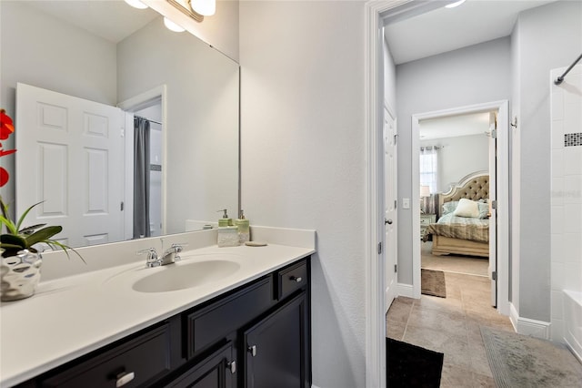 bathroom with vanity and shower / tub combo with curtain