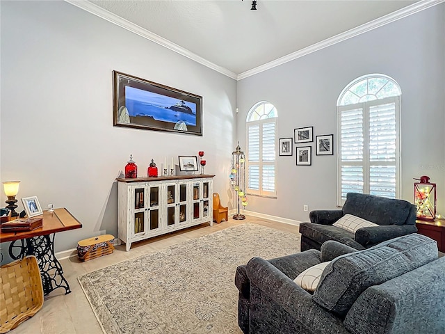 living room with crown molding