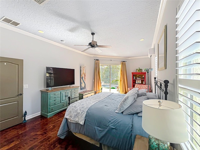 bedroom with ceiling fan, access to exterior, dark hardwood / wood-style floors, ornamental molding, and a textured ceiling