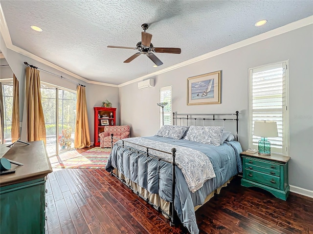 bedroom with dark wood-type flooring, a wall mounted AC, access to outside, ornamental molding, and multiple windows