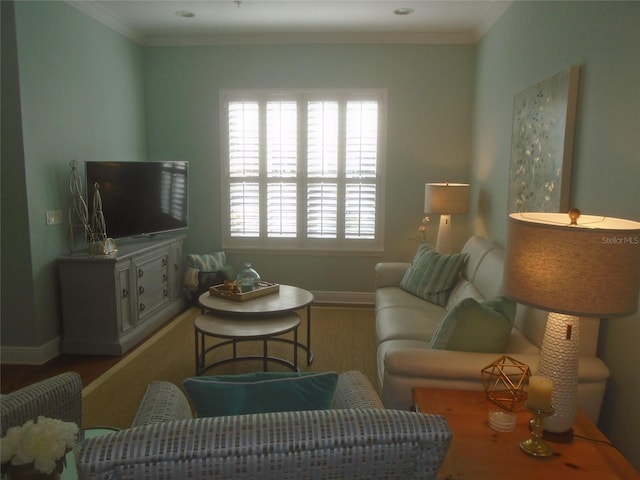 living room with crown molding