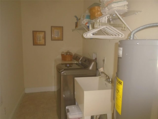 laundry room featuring sink, washing machine and dryer, and water heater