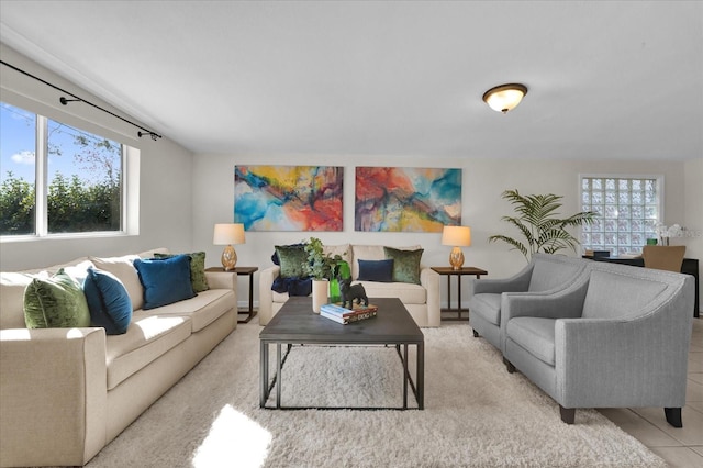 living room featuring light tile patterned floors