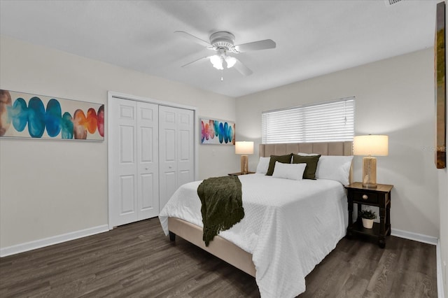 bedroom featuring dark wood-type flooring, a closet, and ceiling fan