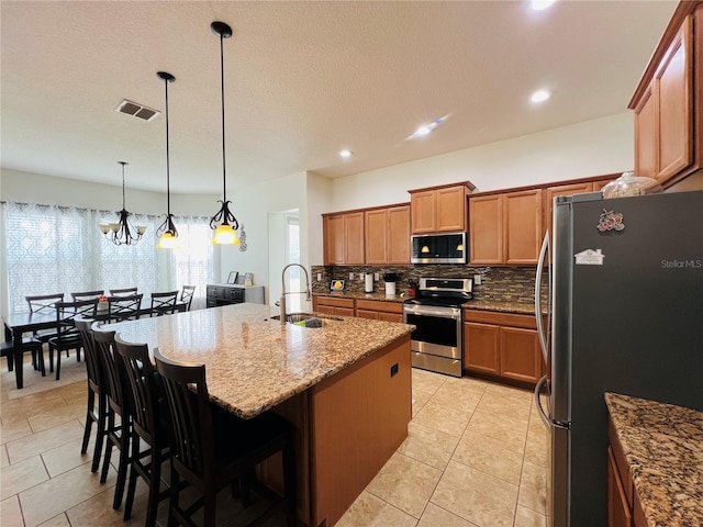 kitchen featuring a kitchen bar, sink, decorative light fixtures, a center island with sink, and appliances with stainless steel finishes