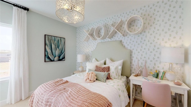 bedroom with an inviting chandelier