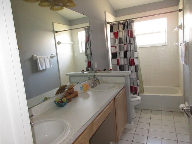 full bathroom featuring shower / tub combo with curtain, lofted ceiling, vanity, tile patterned floors, and toilet