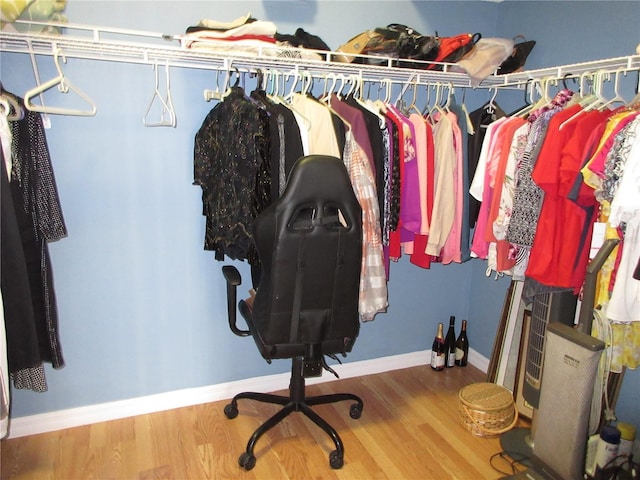 walk in closet with wood-type flooring