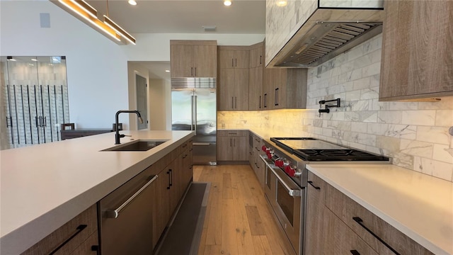 kitchen with premium appliances, light wood-style flooring, a sink, ventilation hood, and backsplash