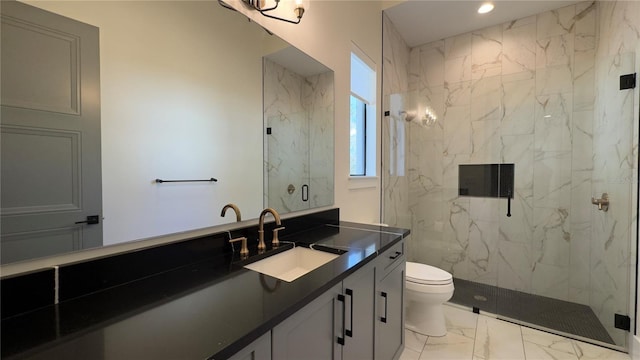 full bathroom featuring toilet, recessed lighting, vanity, marble finish floor, and a marble finish shower