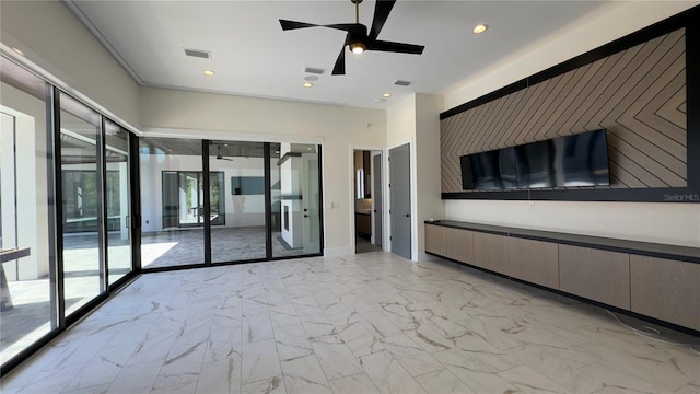 spare room featuring recessed lighting, marble finish floor, visible vents, and ceiling fan