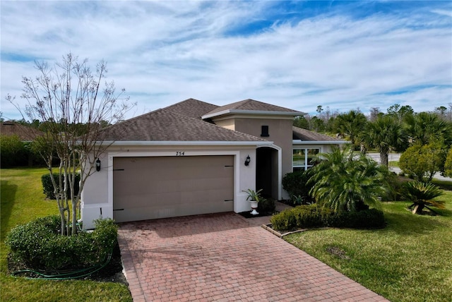 view of front of property with a garage and a front lawn