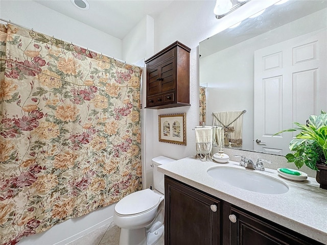 full bathroom with vanity, shower / bath combo, tile patterned floors, and toilet