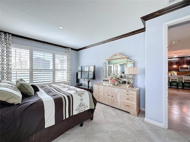 bedroom featuring crown molding, light tile patterned floors, and a textured ceiling