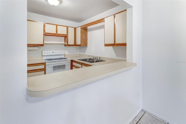 kitchen featuring sink, white electric range, and extractor fan