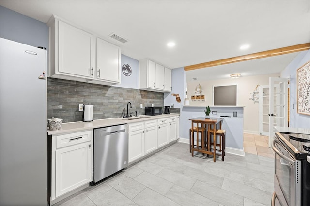 kitchen with sink, backsplash, white cabinets, and appliances with stainless steel finishes