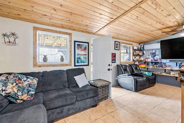 living room with lofted ceiling, light tile patterned floors, and wooden ceiling