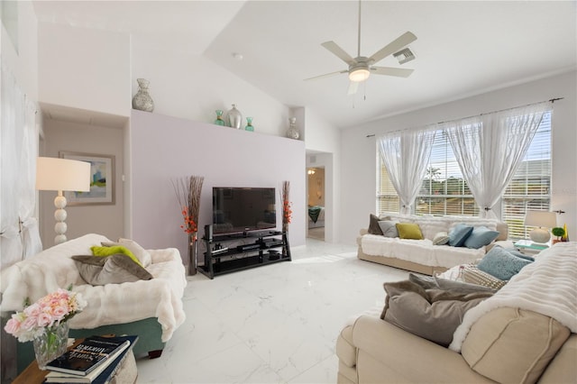 living room featuring high vaulted ceiling and ceiling fan