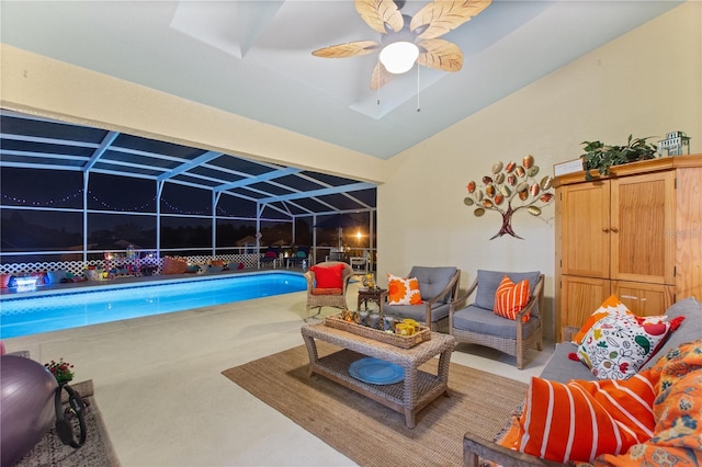 view of swimming pool featuring ceiling fan