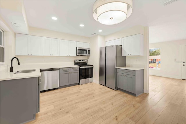 kitchen with gray cabinetry, sink, stainless steel appliances, and white cabinets