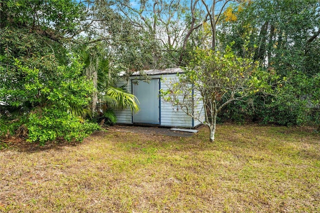 view of yard with a storage shed