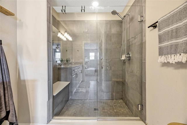 bathroom with vanity and walk in shower