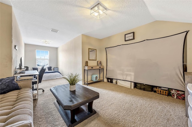 carpeted living room featuring visible vents, a textured ceiling, and lofted ceiling