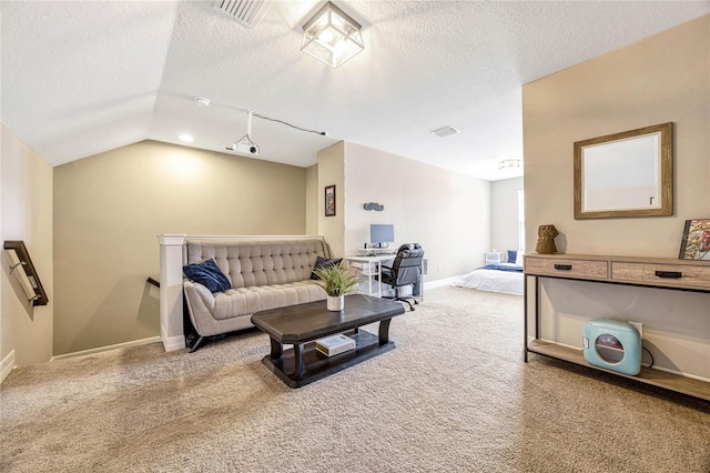 living room featuring lofted ceiling, carpet floors, and a textured ceiling