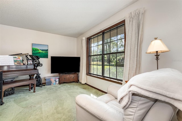 carpeted living room featuring a textured ceiling