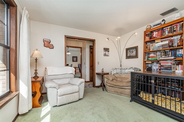 living area featuring a textured ceiling and carpet flooring