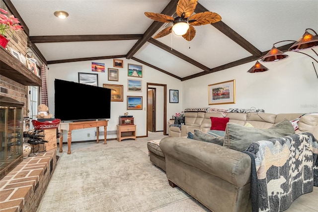 living room with a brick fireplace, vaulted ceiling with beams, light carpet, and ceiling fan