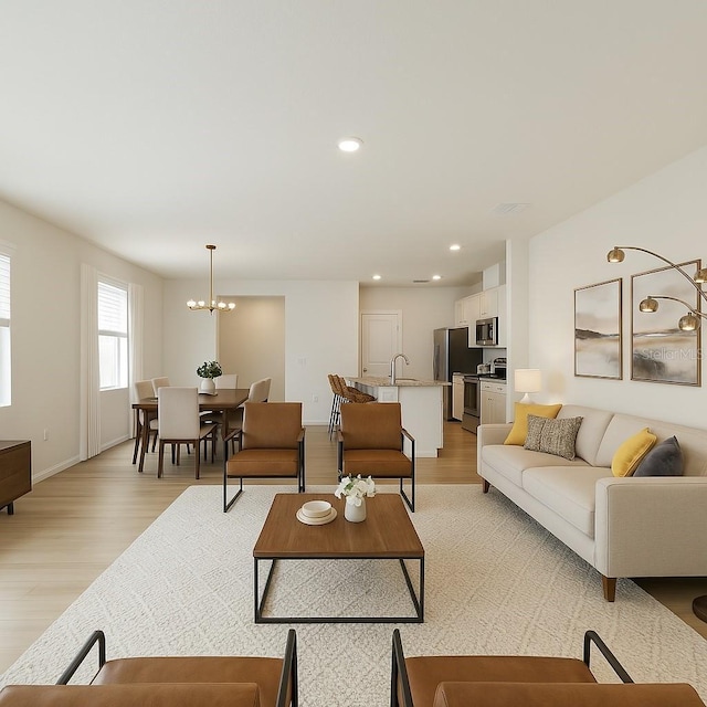 living area featuring baseboards, an inviting chandelier, recessed lighting, and light wood-type flooring