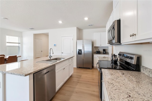 kitchen with white cabinetry, stainless steel appliances, a sink, visible vents, and light wood-style flooring