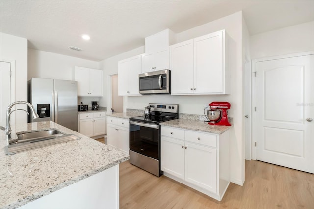 kitchen featuring a sink, white cabinets, light wood-style flooring, and appliances with stainless steel finishes