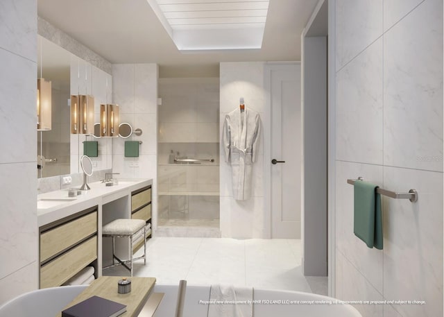 10601 Autumn Mist Ln Unit 302, Golden Oak, FL 32836 - full bathroom featuring a sink, tile walls, double vanity, and a tile shower
