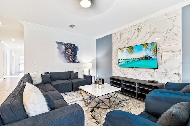 living room featuring ornamental molding