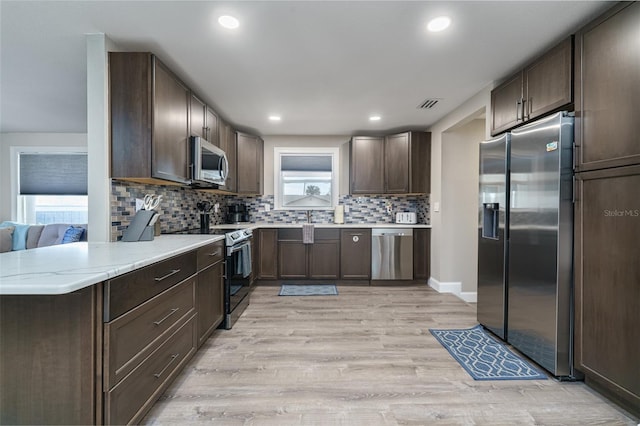 kitchen featuring appliances with stainless steel finishes, backsplash, light hardwood / wood-style floors, kitchen peninsula, and dark brown cabinets