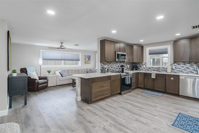 kitchen with dark brown cabinetry, appliances with stainless steel finishes, and light wood-type flooring