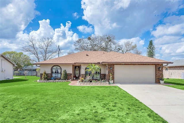 single story home with a garage and a front yard