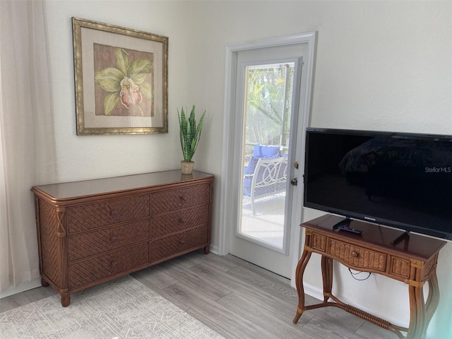 doorway to outside with a healthy amount of sunlight and light hardwood / wood-style floors